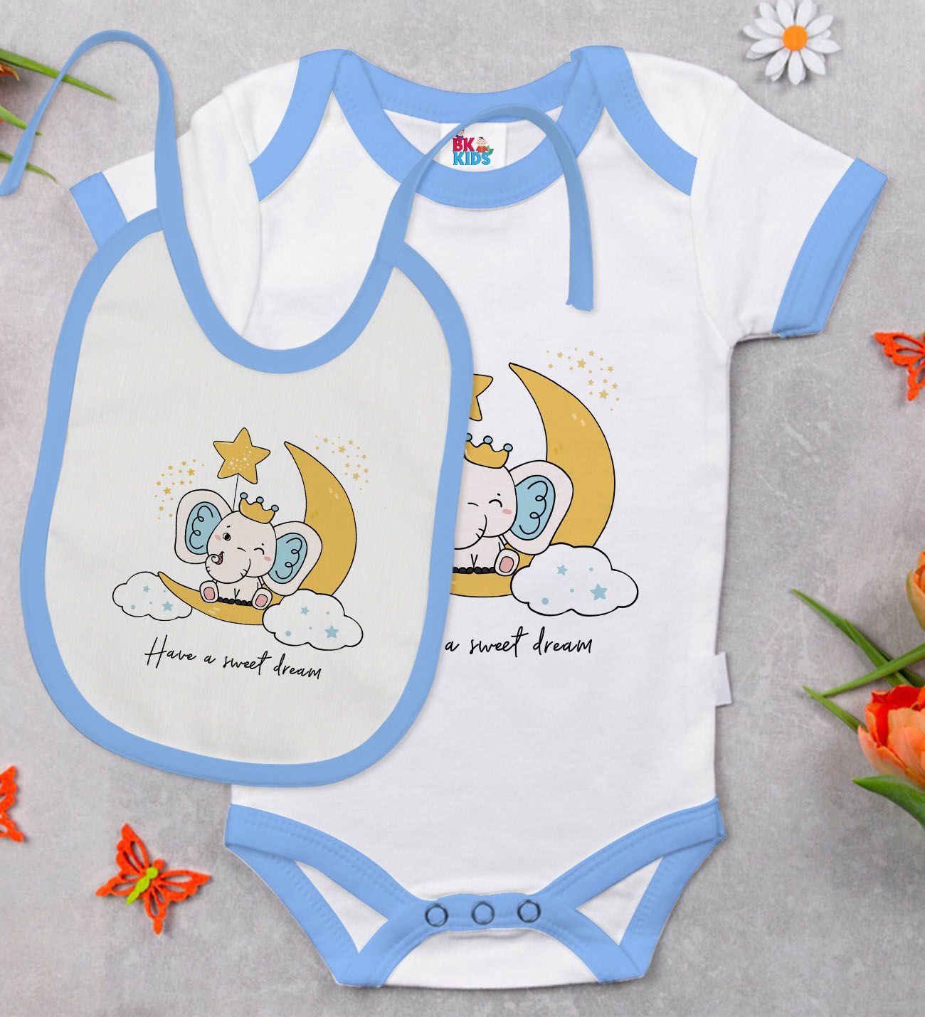 BK Kids Sweet Dream Tasarımlı Mavi Bebek Body Zıbın ve Mama Önlüğü Hediye Seti-1