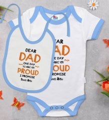 BK Kids Kişiye Özel Dear Dad Tasarımlı Mavi Bebek Body Zıbın ve Mama Önlüğü Hediye Seti-1