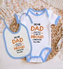 BK Kids Kişiye Özel Dear Dad Tasarımlı Mavi Bebek Body Zıbın ve Mama Önlüğü Hediye Seti-1