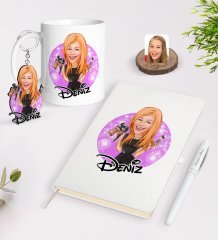 Kişiye Özel Kadın Güzellik Uzmanı Karikatürlü Beyaz Defter Kalem Kupa ve Anahtarlık Hediye Seti-1