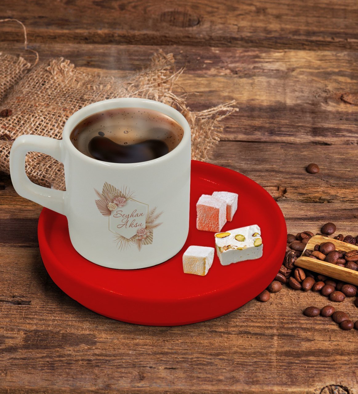 Kişiye Özel Kırmızı Sunum Tabaklı Çiçek Tasarımlı Türk Kahvesi Fincanı Model 16