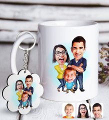 Kişiye Özel Aile Karikatürlü Beyaz Kupa ve Anahtarlık Hediye Seti-1