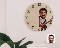 Kişiye Özel Erkek Gitarist Karikatürlü Otantik Ahşap Palet Saat-2