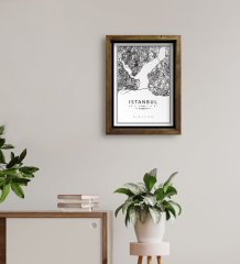 Kişiye Özel İstanbul Haritası Tasarımlı Doğal Masif Ahşap Çerçeveli Tablo 45x65cm-1