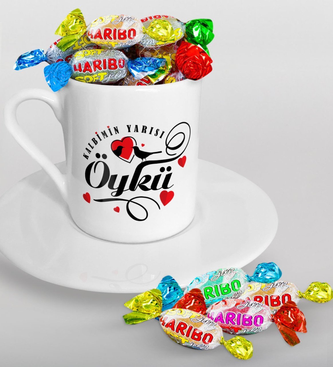 Kişiye Özel Sevgililer Günü Türk Kahvesi Fincanı ve Haribo Şeker Hediye Seti-128