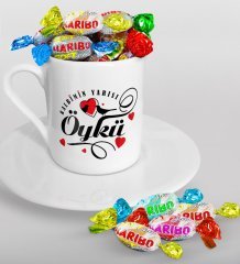 Kişiye Özel Sevgililer Günü Türk Kahvesi Fincanı ve Haribo Şeker Hediye Seti-128