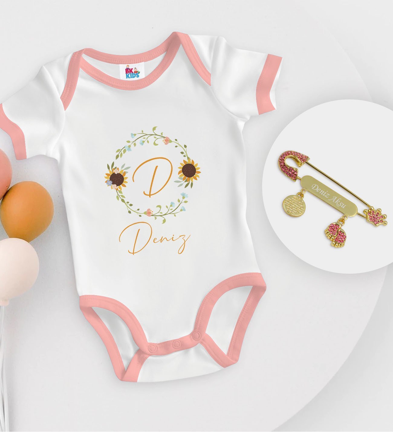 BK Kids Kişiye Özel Harfli İsimli Pembe Bebek Body Zıbın ve Kız Bebek İğnesi Hediye Seti-3