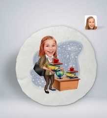 Kişiye Özel Kadın Öğretmen Karikatürlü Yuvarlak Araç Koltuk Yastığı-4