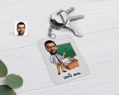 Kişiye Özel Erkek Öğretmen Karikatürlü Şeffaf Pleksi Anahtarlık-1