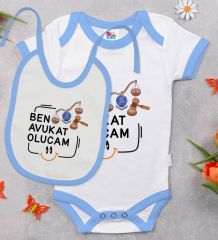 BK Kids Avukat Olucam Tasarımlı Mavi Bebek Body Zıbın ve Mama Önlüğü Hediye Seti-1