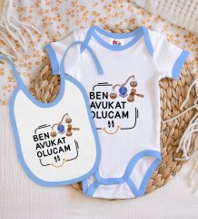 BK Kids Avukat Olucam Tasarımlı Mavi Bebek Body Zıbın ve Mama Önlüğü Hediye Seti-1