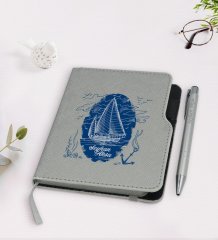 Kişiye Özel Gemi Tasarımlı Gri Termo Deri Defter Kalem Seti-2