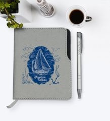 Kişiye Özel Gemi Tasarımlı Gri Termo Deri Defter Kalem Seti-2