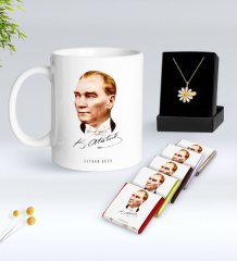 Kişiye Özel Atatürk Temalı Beyaz Kupa Çikolata ve İsimli Papatya Kolye Hediye Seti-15