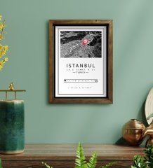 Kişiye Özel Siyah Beyaz İstanbul Haritası Tasarımlı Doğal Masif Ahşap Çerçeveli Tablo 45x65cm-1
