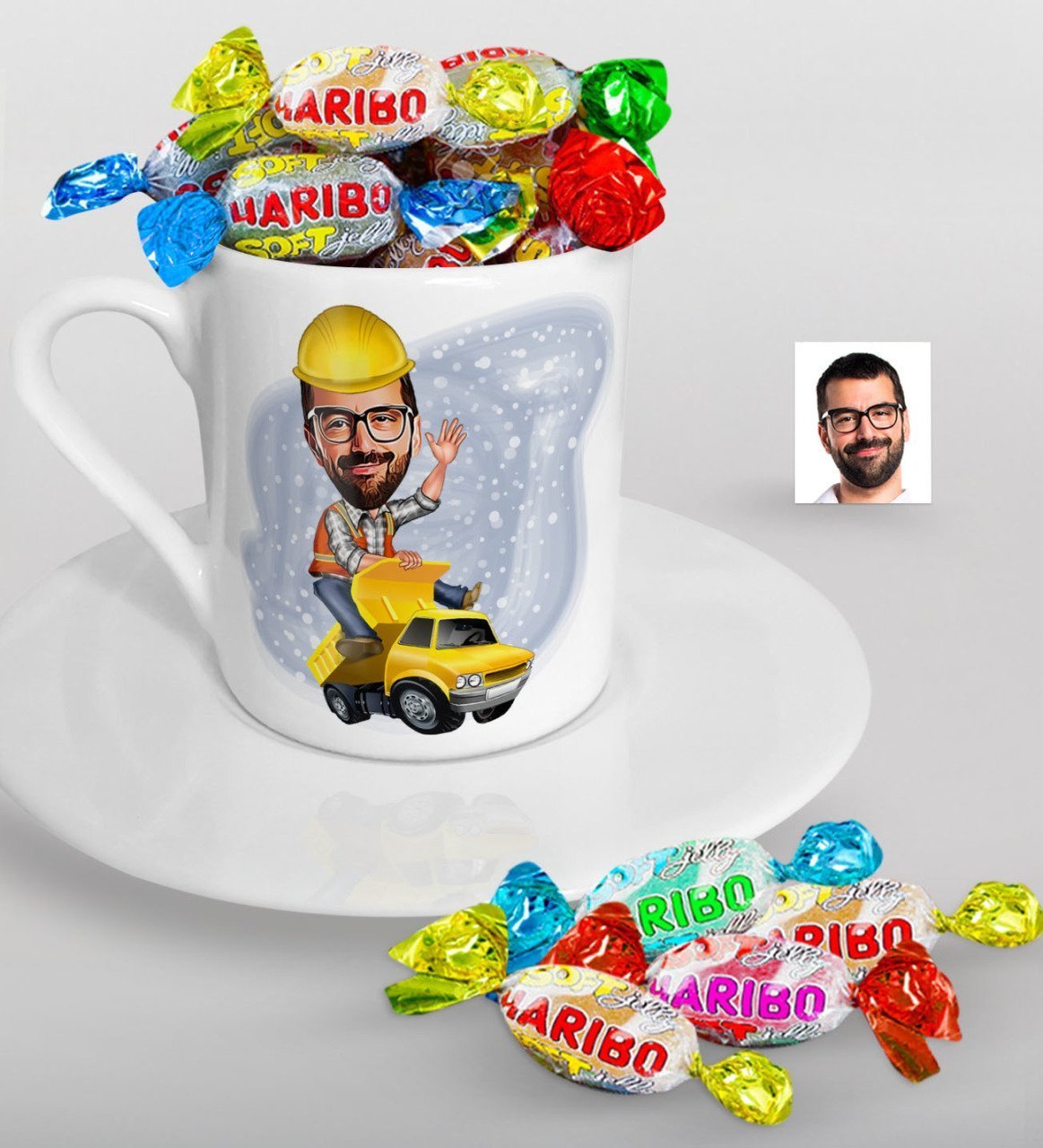 Kişiye Özel Bay Yol Mühendisi Karikatürlü Türk Kahvesi Fincanı ve Haribo Şeker Hediye Seti-1