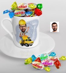 Kişiye Özel Bay Yol Mühendisi Karikatürlü Türk Kahvesi Fincanı ve Haribo Şeker Hediye Seti-1