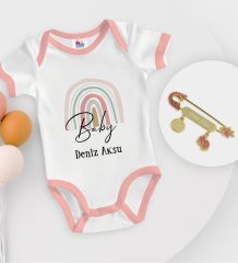 BK Kids Kişiye Özel Baby Tasarımlı Pembe Bebek Body Zıbın ve Kız Bebek İğnesi Hediye Seti-1
