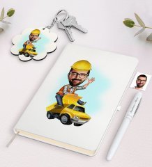 Kişiye Özel Erkek Yol Mühendisi Karikatürlü Beyaz Defter Kalem ve Anahtarlık Hediye Seti