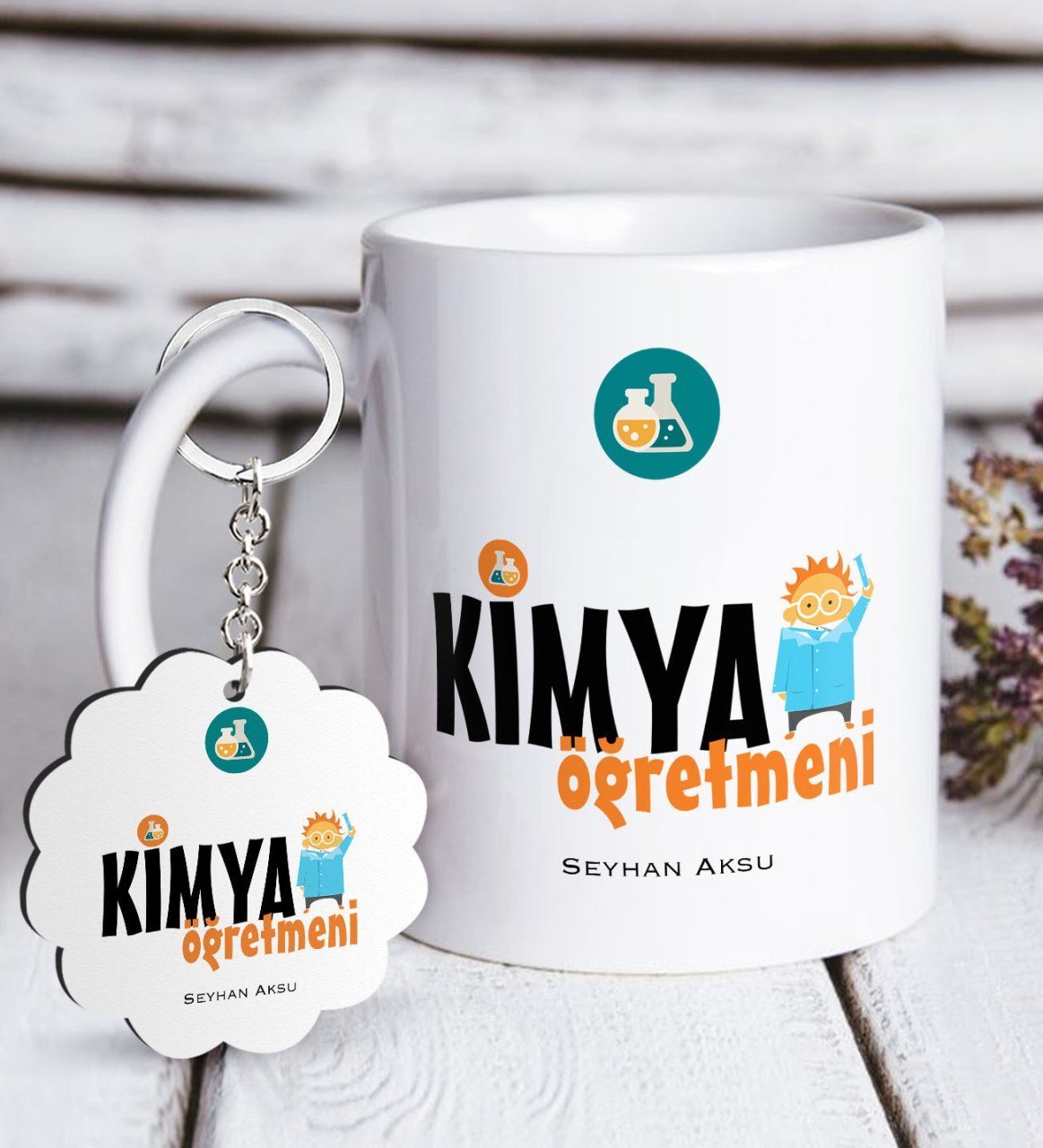 Kişiye Özel Kimya Öğretmeni Beyaz Kupa ve Anahtarlık Hediye Seti-1
