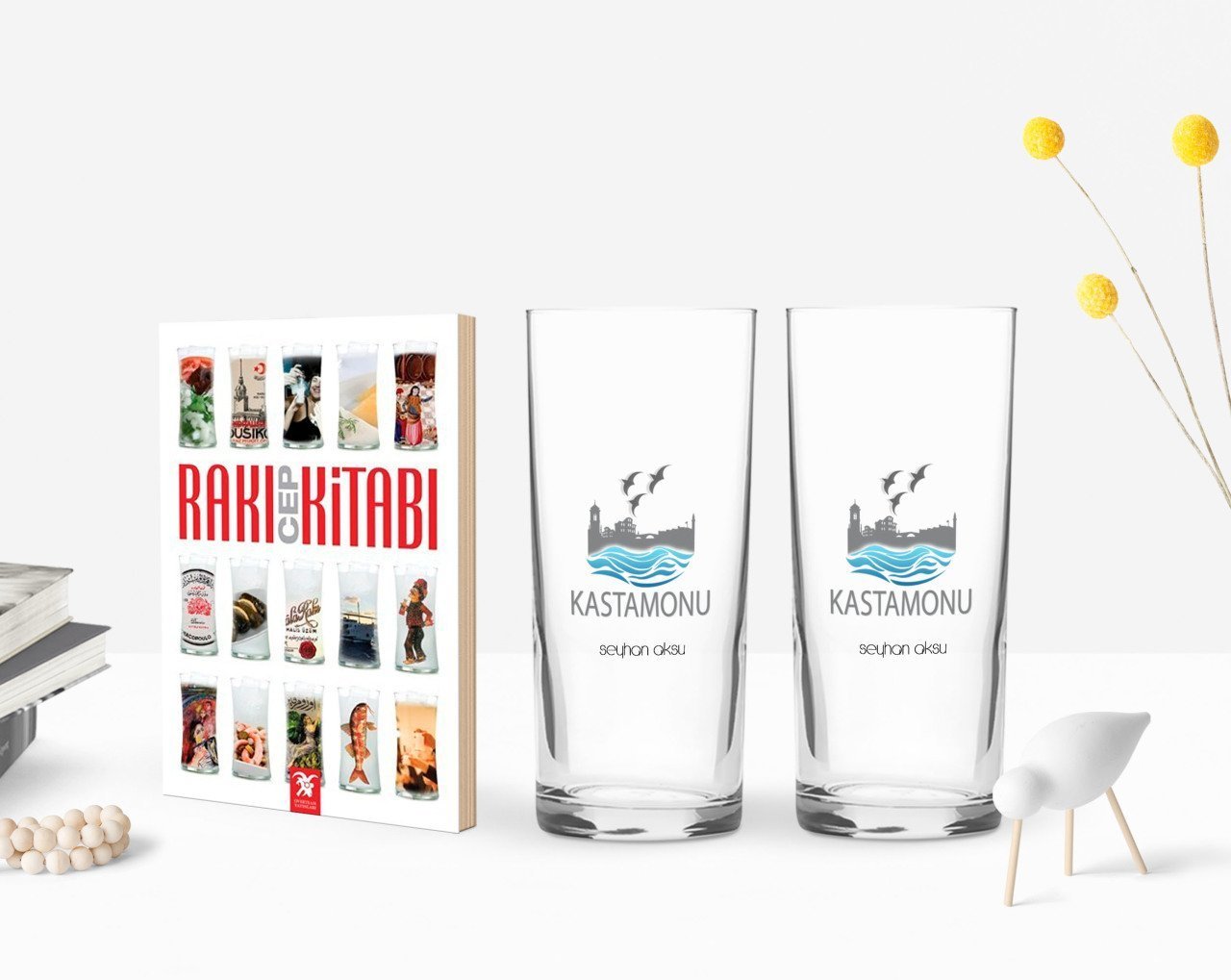 Kişiye Özel Renkli Baskılı Kastamonu Tasarımlı Turistik İkili Rakı Bardağı ve Rakı Cep Kitabı Hediye Seti-1
