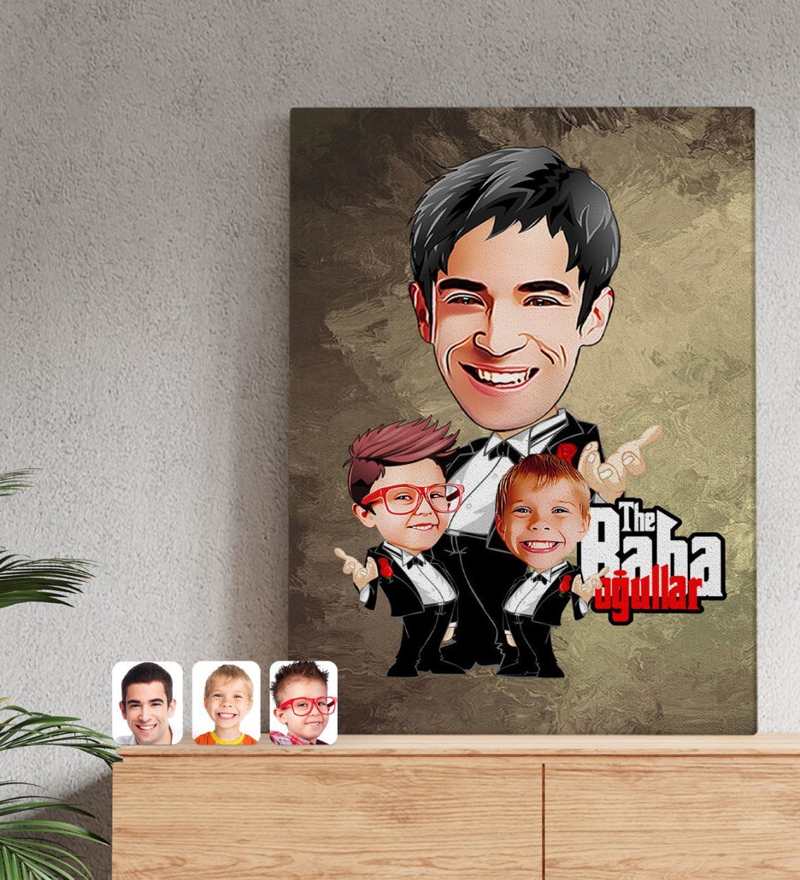 Kişiye Özel Godfather Baba ve Oğullar Karikatürlü Kanvas Tablo 50x70cm-1