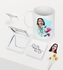 Kişiye Özel Ev Hanımı Anne Karikatürlü Beyaz Kupa Ayna Seti - 1