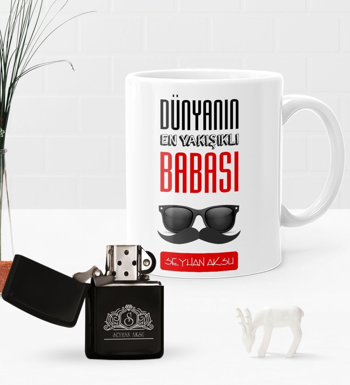 Kişiye Özel Dünyanın En Yakışıklı Babası Benzinli Çakmak ve Kupa Seti-2
