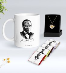 Kişiye Özel Atatürk Temalı Beyaz Kupa Çikolata ve İsimli Papatya Kolye Hediye Seti-14
