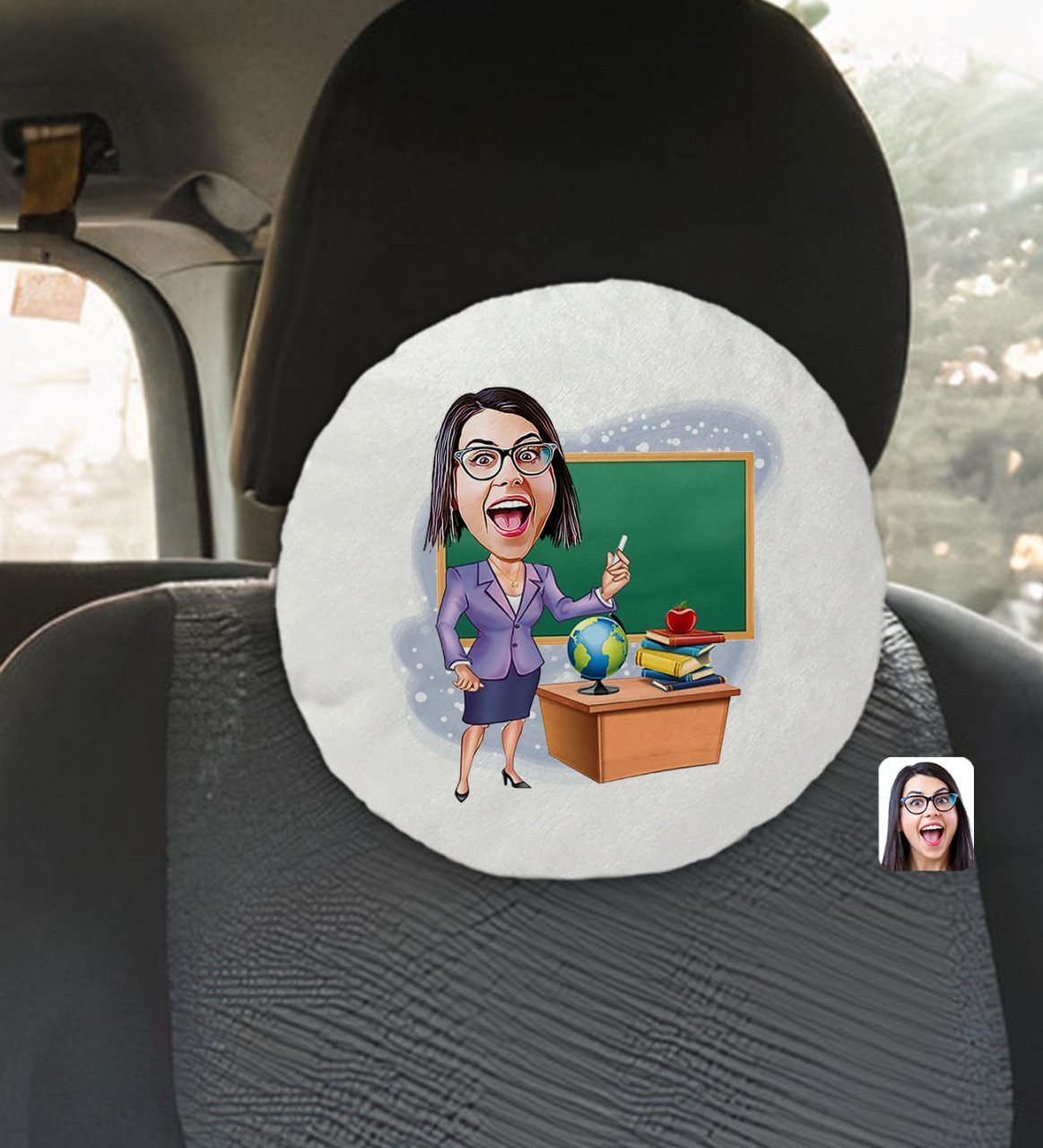 Kişiye Özel Kadın Öğretmen Karikatürlü Yuvarlak Araç Koltuk Yastığı-1