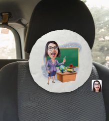 Kişiye Özel Kadın Öğretmen Karikatürlü Yuvarlak Araç Koltuk Yastığı-1