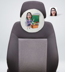 Kişiye Özel Kadın Öğretmen Karikatürlü Yuvarlak Araç Koltuk Yastığı-1