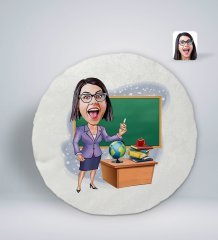 Kişiye Özel Kadın Öğretmen Karikatürlü Yuvarlak Araç Koltuk Yastığı-1