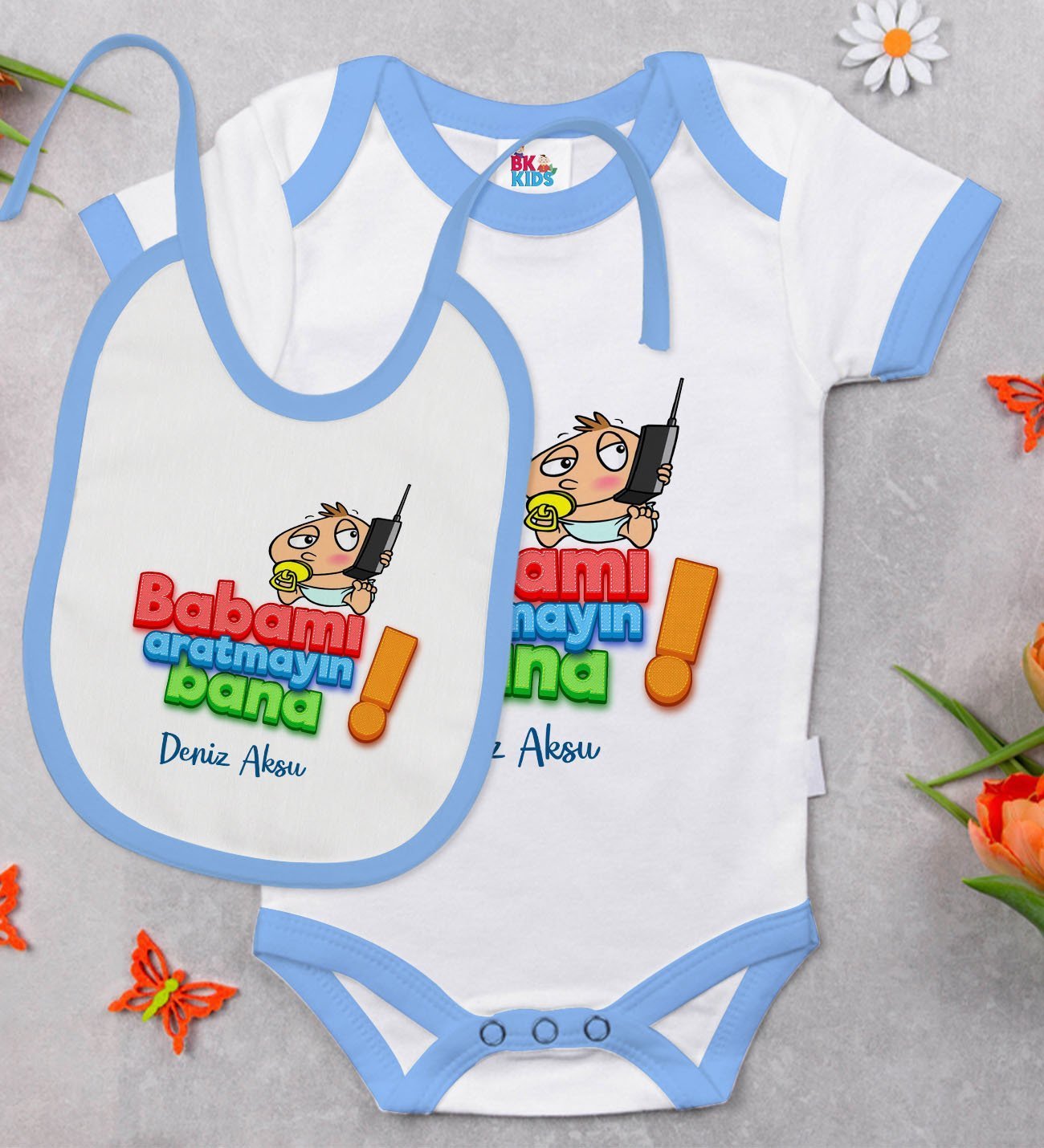 BK Kids Kişiye Özel Babamı Aratmayın Tasarımlı Mavi Bebek Body Zıbın ve Mama Önlüğü Hediye Seti-1