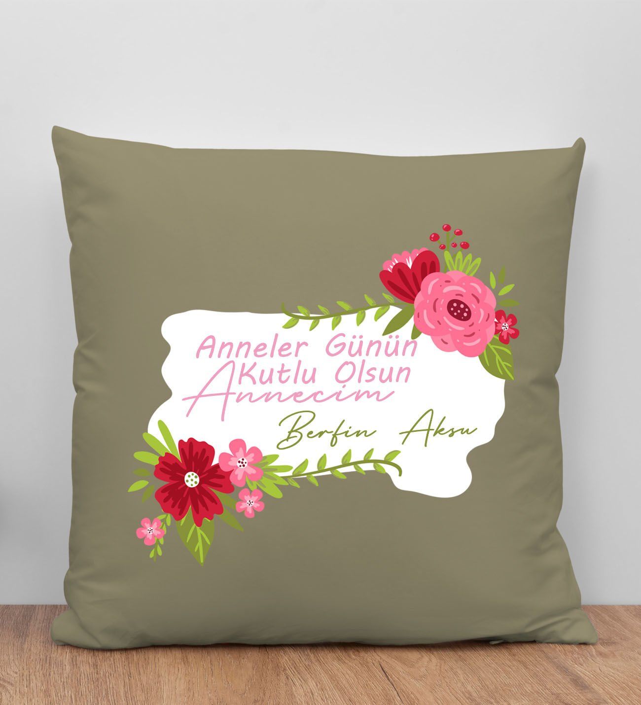 BK Gift Kişiye Özel İsimli Anneler Günü Tasarımlı Haki Kırlent Yastık, Anneye Hediye, Ev Dekorasyonu, Anneler Günü Hediyesi-6