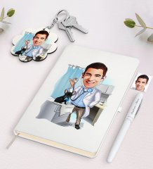 Kişiye Özel Erkek Veteriner Hekim Karikatürlü Beyaz Defter Kalem ve Anahtarlık Hediye Seti