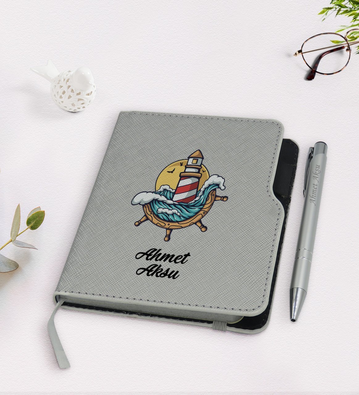 Kişiye Özel Dümen Tasarımlı Gri Termo Deri Defter Kalem Seti-4