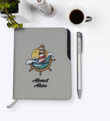 Kişiye Özel Dümen Tasarımlı Gri Termo Deri Defter Kalem Seti-4