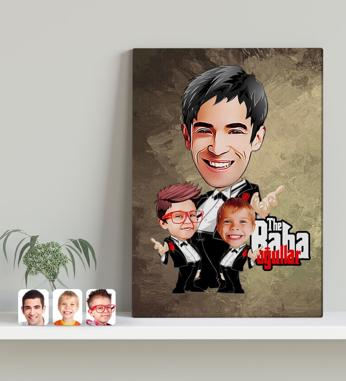 Kişiye Özel Godfather Baba ve Oğullar Karikatürlü Kanvas Tablo 30x50cm-1