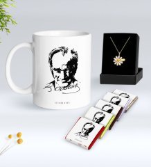 Kişiye Özel Atatürk Temalı Beyaz Kupa Çikolata ve İsimli Papatya Kolye Hediye Seti-13