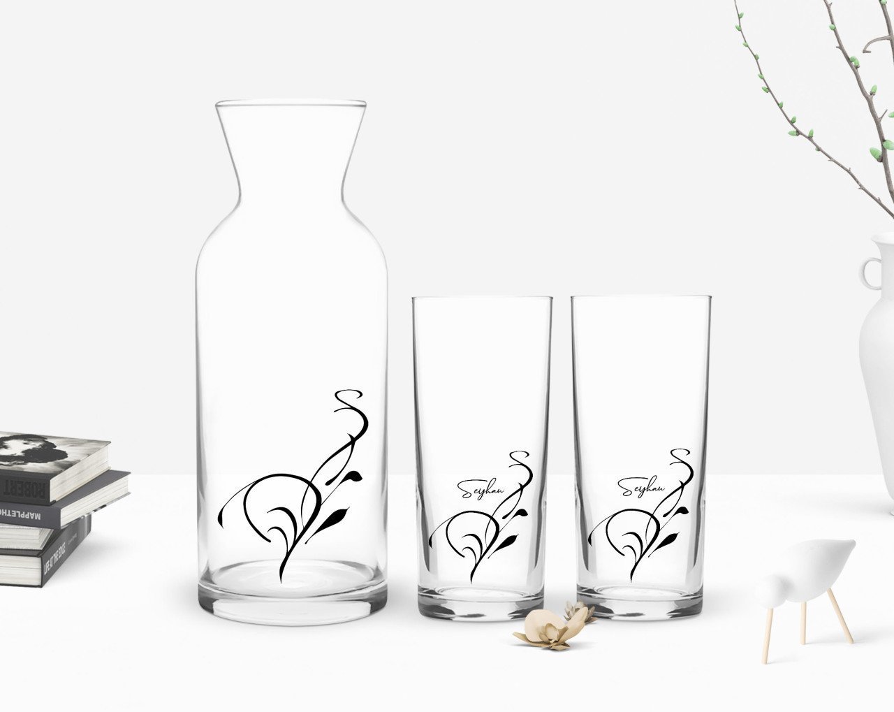 Kişiye Özel Renkli Baskılı İsimli İkili Rakı Bardağı ve Karaf Hediye Seti-122