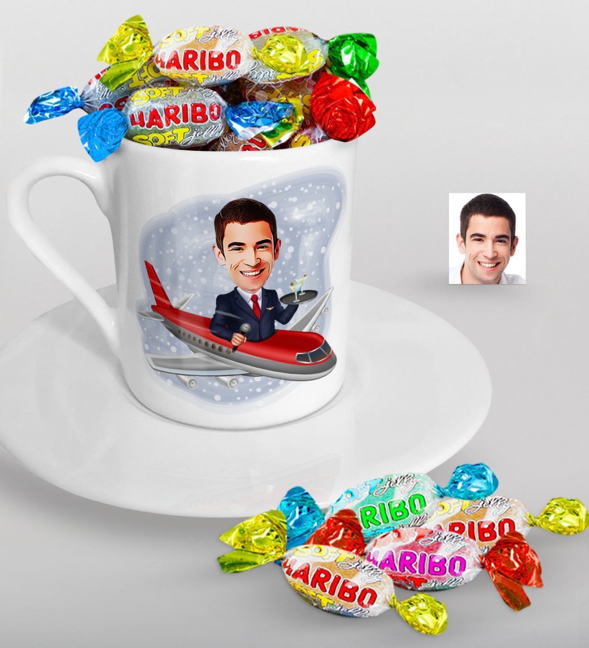 Kişiye Özel Bay Uçuş Görevlisi Karikatürlü Türk Kahvesi Fincanı ve Haribo Şeker Hediye Seti-1
