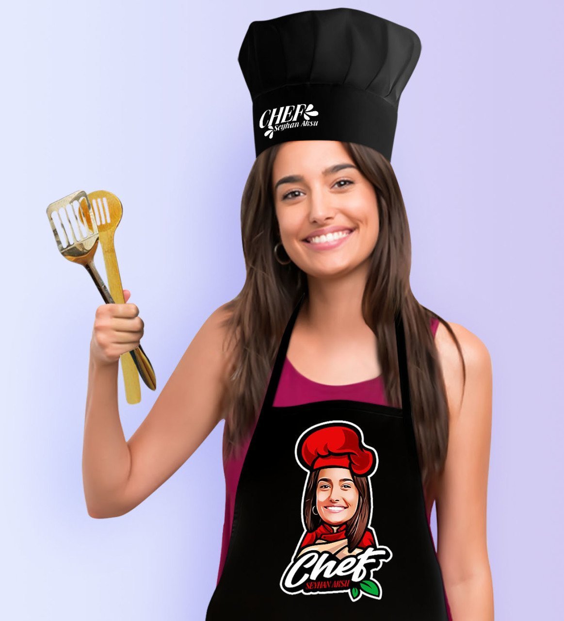 Kişiye Özel Bayan Chef Karikatürlü Siyah Mutfak Önlüğü Aşçı Şapkası Seti-10