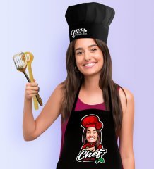 Kişiye Özel Bayan Chef Karikatürlü Siyah Mutfak Önlüğü Aşçı Şapkası Seti-10