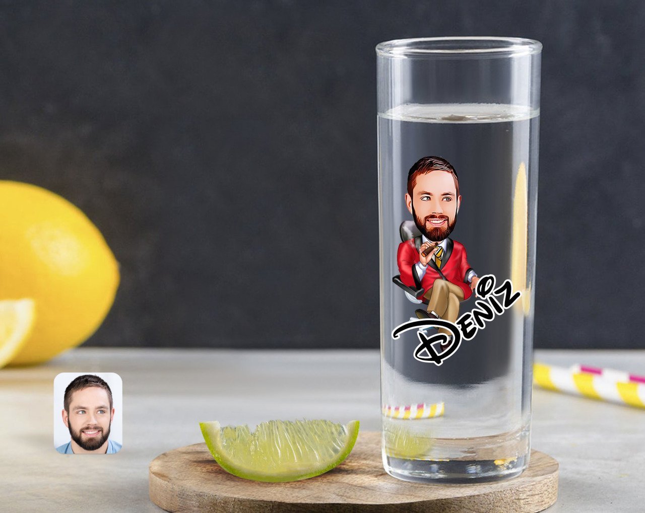 Kişiye Özel Renkli Baskılı Erkek Patron Karikatürlü Vodka Bardağı-2