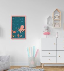 BK Home Yengeç ve Ahtapot Tasarımlı Dekoratif Pembe Ahşap Çerçeveli Çocuk Odası Tablo-1
