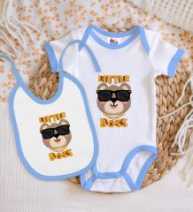 BK Kids Little Boss Tasarımlı Mavi Bebek Body Zıbın ve Mama Önlüğü Hediye Seti-1