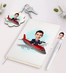 Kişiye Özel Erkek Uçuş Görevlisi Host Karikatürlü Beyaz Defter Kalem ve Anahtarlık Hediye Seti-1