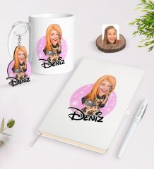 Kişiye Özel Kadın Aşçı Karikatürlü Beyaz Defter Kalem Kupa ve Anahtarlık Hediye Seti-2