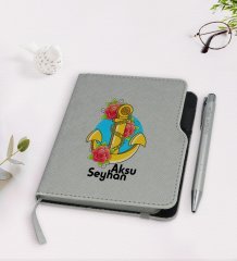 Kişiye Özel Çapa Tasarımlı Gri Termo Deri Defter Kalem Seti-4